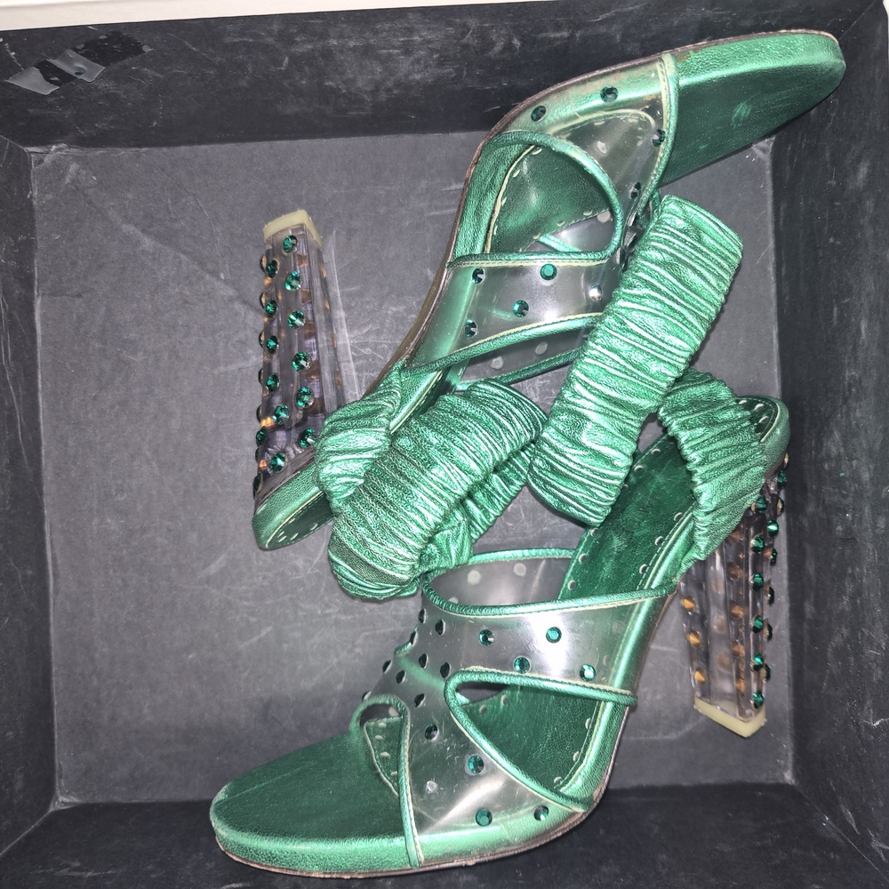 Yves Saint Laurent Metallic Emerald Green Strappy Heels with Studded Lucite Heel